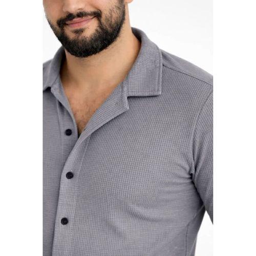 Erkek Waffle Kumaş Uzun Kollu Düğmeli Açık Yaka Regular Fit Gömlek - Füme