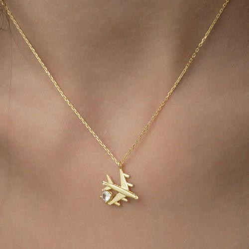 Lucky Life 925 Ayar Gumuss Gold Tek Taşlı Uçak Lucky Life Lucky Life Kadın Kolye