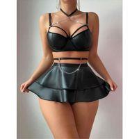 Özel Şık Tasarım Siyah Etekli Pileli Zincir Detay Fantezi Deri Elbise