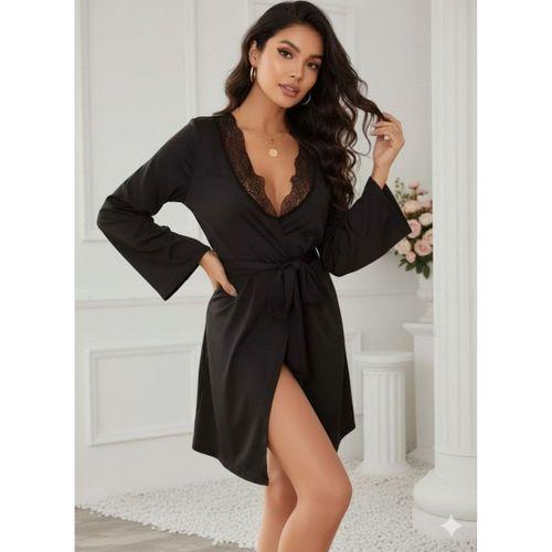 Kadın Uzun Kollu Dantel Yakalı Belden Kuşaklı Viskon Gecelik