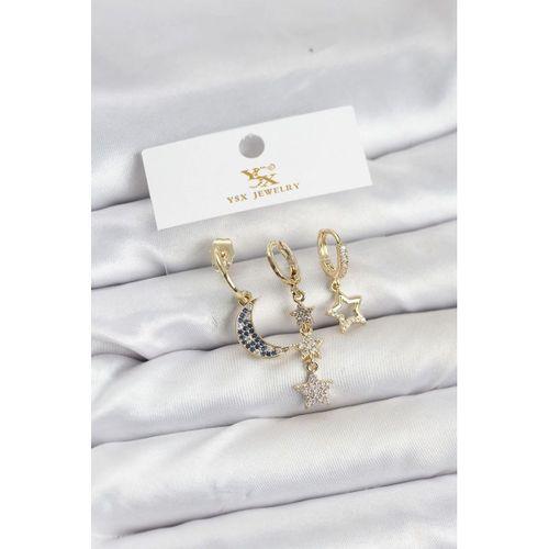Pirinç Gold Renk Zirkon Taşlı Ay ve Yıldız Model YSX Trio Küpe Seti