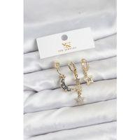 Pirinç Gold Renk Zirkon Taşlı Ay ve Yıldız Model YSX Trio Küpe Seti