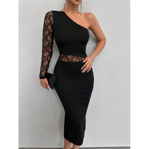 Kadın Siyah Tek Kol Dantel Detay Omuz Dekolte Krep Elbise