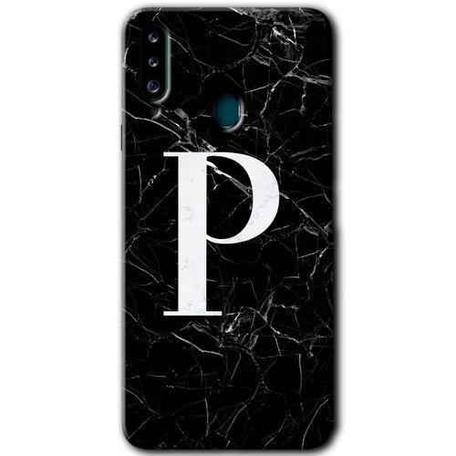 MRCİLETİSİM Samsung Galaxy A20s Kılıf Baskılı Kapak - Siyah Mermer Desenli P Harfi +Tam Ekran Koruyucu