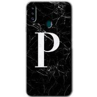 MRCİLETİSİM Samsung Galaxy A20s Kılıf Baskılı Kapak - Siyah Mermer Desenli P Harfi +Tam Ekran Koruyucu