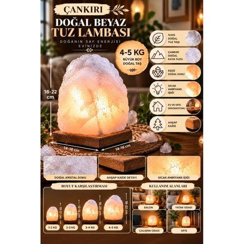 Çankırı 4-5 Kg Beyaz Doğal Kaya Tuzu Lambası Ahşap Kaideli Dekoratif Lamba