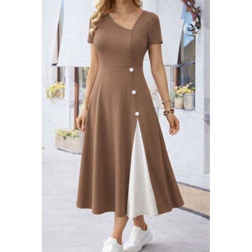 Kadın Kısa Kollu Asimetrik Yakalı Düğme Detaylı Midi Viskon Elbise