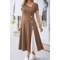 Kadın Kısa Kollu Asimetrik Yakalı Düğme Detaylı Midi Viskon Elbise