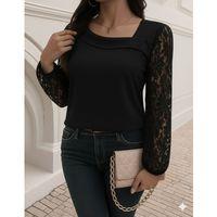 Kadın Uzun Kollu Asimetrik Yakalı Dantelli Ithal Krep Bluz