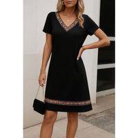 Kadın Kısa Kollu V Yakalı Etnik Desen şerit Detaylı Viskon Elbise