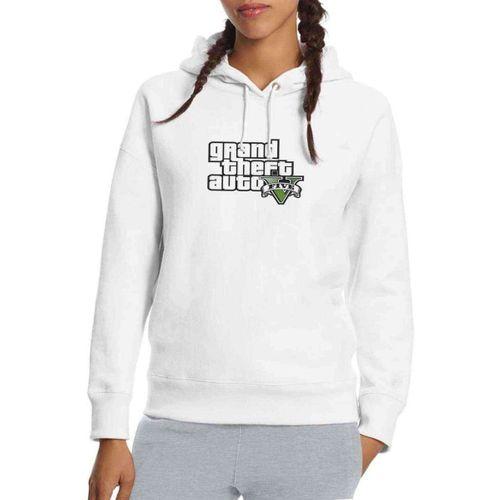 GTA V Yazi ve Logo Baskılı Beyaz Kadın Kapşonlu Sweatshirt