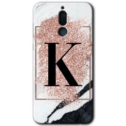 MRCİLETİSİM Huawei Mate 10 Lite Kılıf HD Desen Baskılı Arka Kapak + Temperli Cam - Pembe Mermer Desenli K Harfi