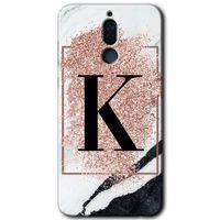MRCİLETİSİM Huawei Mate 10 Lite Kılıf HD Desen Baskılı Arka Kapak + Temperli Cam - Pembe Mermer Desenli K Harfi
