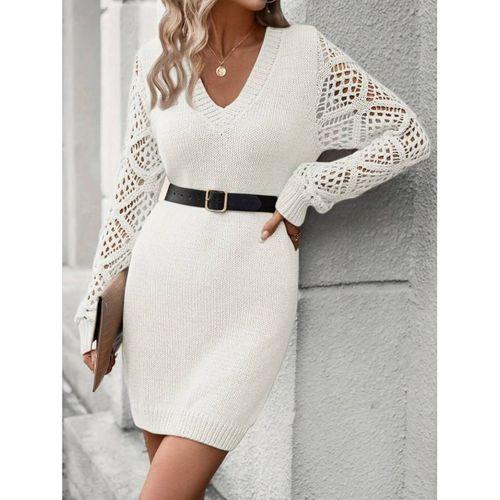 Kadın Uzun Kollu V Yakalı Mini Triko Elbise