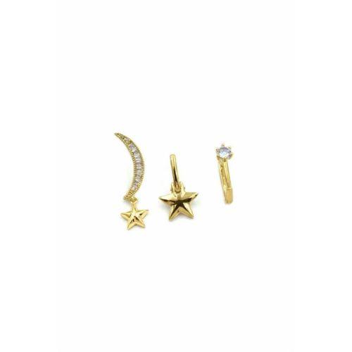 3'lü Taşlı Halka Küpe - Altın