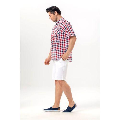 Kısa Kol Şile Bezi Tek Cepli Hakim Yaka Erkek Yazlık Tshirt Kırmızı Lacivert Kareli 3008