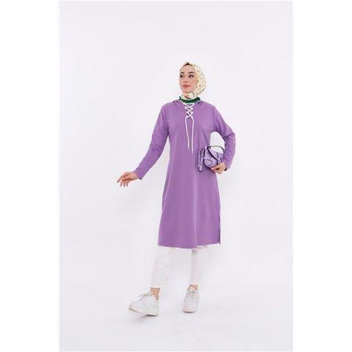 Eflin Yakadan Bağlamalı Kapşonlu Uzun Sweatshirt - 03030.018 - Leylak