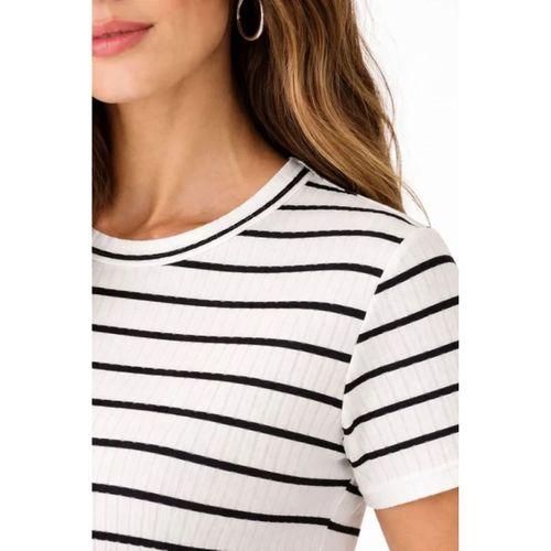 Çizgili Yazlık Triko T-Shirt Bisiklet Yaka Rahat Kalıp Tişört - Beyaz
