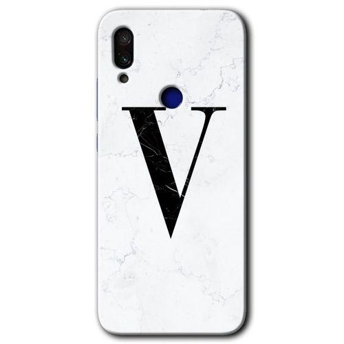 MRCİLETİSİM Xiaomi Redmi Note 7 Kılıf Baskılı Kapak - Beyaz Mermer Desenli V Harfi + 5D Tam Kaplayan Cam