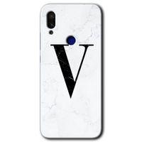 MRCİLETİSİM Xiaomi Redmi Note 7 Kılıf Baskılı Kapak - Beyaz Mermer Desenli V Harfi + 5D Tam Kaplayan Cam