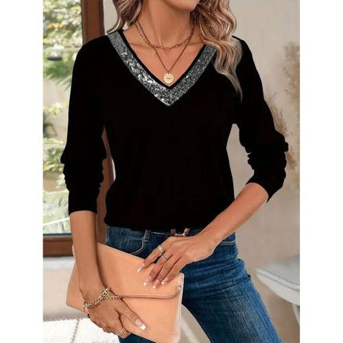 Kadın Uzun Kollu V Payet Yakalı Viskon Bluz