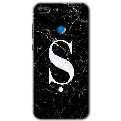 Potkal Hediye Fabrikası Honor 9 Lite HD Baskılı Kılıf + 9D Tam Ekran Koruyucu - Siyah Mermer Desenli Ş Harfi