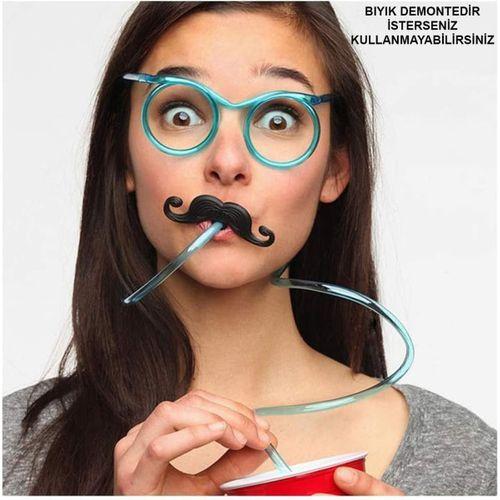 Pipetli Parti Gözlüğü - Çocuk ve Yetişkin Bıyıklı Pipet Gözlük Mavi Renk 18x14 cm (3748)