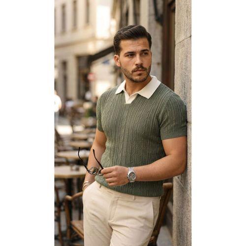 Erkek Desenli Kısa Kollu Triko Tişört - %100 Pamuk Akrilik