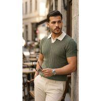 Erkek Desenli Kısa Kollu Triko Tişört - %100 Pamuk Akrilik