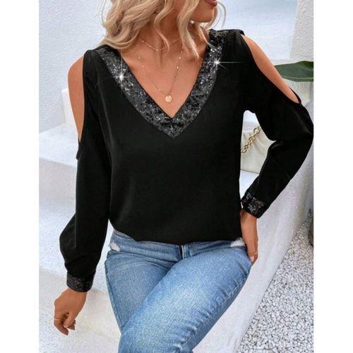 Kadın Uzun Kollu V Yakalı Omuzlardan Açık Sandy Bluz