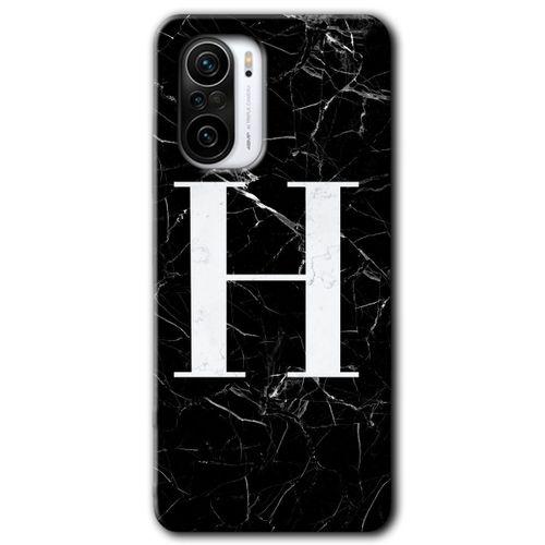 MRCİLETİSİM Xiaomi Redmi K40 Pro Kılıf HD Desen Baskılı Arka Kapak + Temperli Cam - Siyah Mermer Desenli H Harfi