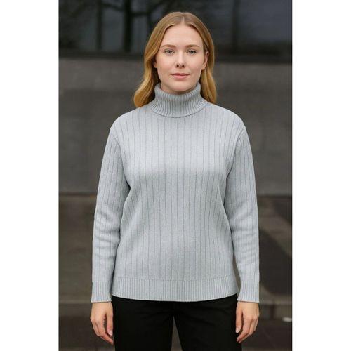 Balıkcı Yaka Bağazlı Triko Kazak Pamuklu Kalın Fitilli Dokuma - Gri