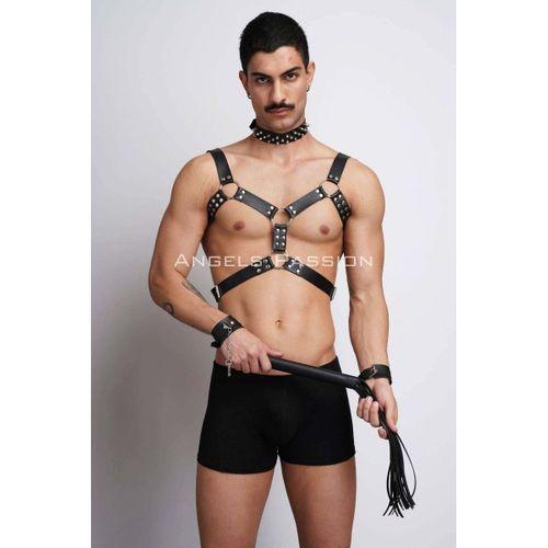 Kırbaç Ve Çivili Choker Detaylı Erkek Fantazi Giyim, Deri Erkek Harness Takım - Brfm102