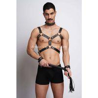 Kırbaç Ve Çivili Choker Detaylı Erkek Fantazi Giyim, Deri Erkek Harness Takım - Brfm102