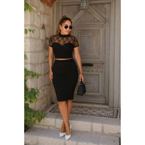 Kadın Kısa Kollu Yarı Balıkçı Yaka Dantelli Straplez Ithal Krep Crop Bluz Ve Etek Ikili Takım