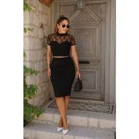 Kadın Kısa Kollu Yarı Balıkçı Yaka Dantelli Straplez Ithal Krep Crop Bluz Ve Etek Ikili Takım