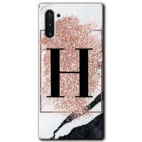 Galaxy Note 10 Kılıf HD Desen Baskılı Arka Kapak - Pembe Mermer Desenli H Harfi + Kırılmaz Cam