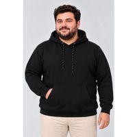 Erkek Battal Büyük Beden Üç İplik İçi Şardonlu Kapüşonlu Kanguru Cepli Kışlık Sweatshirt - Siyah