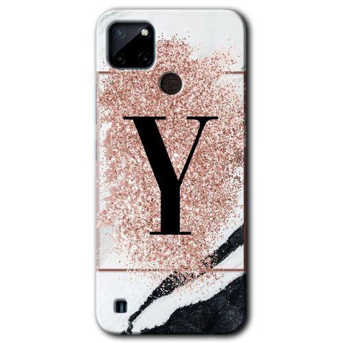 Realme C21 Kılıf Baskılı Kapak - Pembe Mermer Desenli Y Harfi + 5D Tam Kaplayan Cam