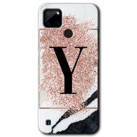 Realme C21 Kılıf Baskılı Kapak - Pembe Mermer Desenli Y Harfi + 5D Tam Kaplayan Cam