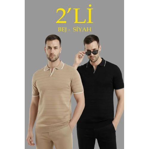 Erkek 2’li Paket Triko Yakalı Düğmesiz Açık Yaka Fitilli Kısa Kollu Regular Fit Tişört - Bej - Siyah