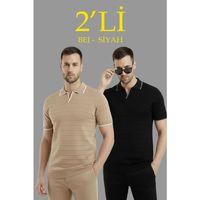 Erkek 2’li Paket Triko Yakalı Düğmesiz Açık Yaka Fitilli Kısa Kollu Regular Fit Tişört - Bej - Siyah