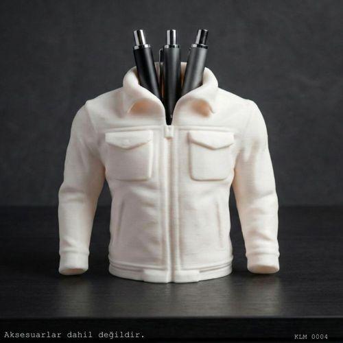 Beyaz Fermuarlı Cepli Deri Ceket Formlu Kalemlik Masaüstü Plastik Düzenleyici