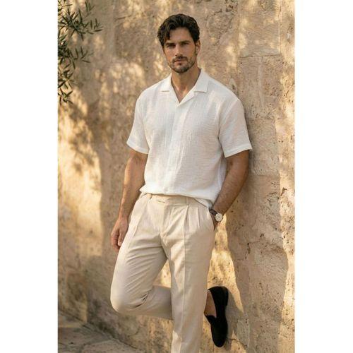Yarım Oversize Apaş Yaka Kısa Kol Müslin Kumaş Erkek Gömlek - Beyaz