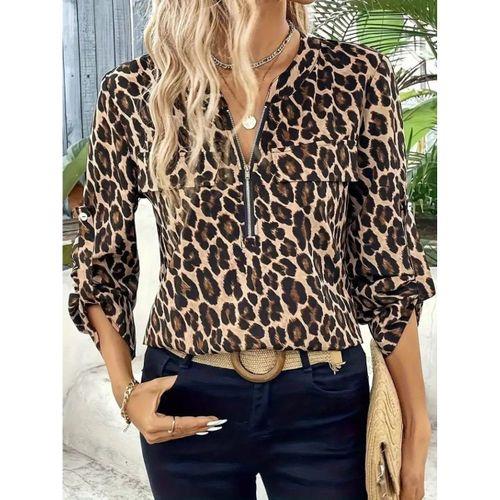 Kadın Uzun Kollu önden Fermuarlı Leopar Desenli Modal Bluz