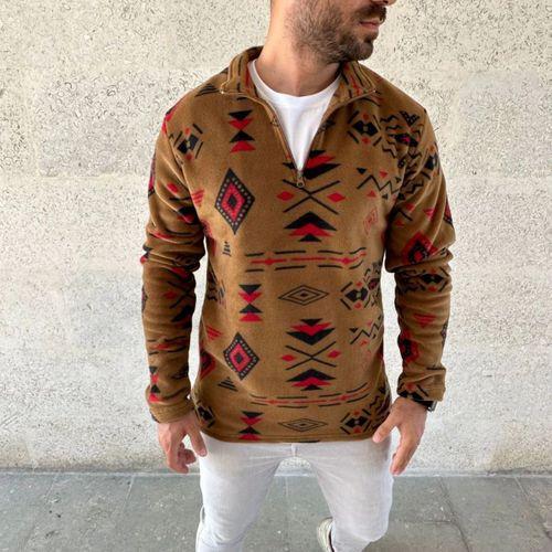 Erkek Yarım Fermuarlı Desenli Polar Sweat Tribal Etnik Desen Yakalı, Uzun Kollu, Oversize Rahat Kalıp, - Kahverengi