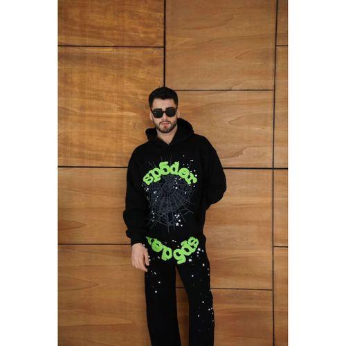 Erkek Kapüşonlu Eşofman Takım Örümcek Ağı Ve Neon Yeşil Baskılı Kanguru Cepli Oversize Rahat Kalıp, Premium Üç İplik Kumaş - Siyah