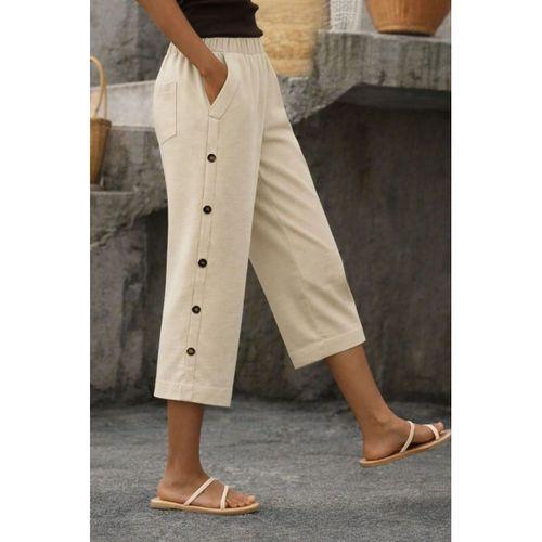 Kadın Yüksel Bel Lastikli Yandan Dügme Detaylı Midi Pantolon