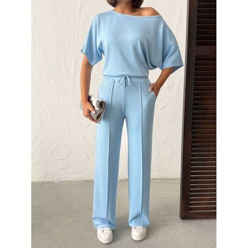 Kadın İsa Kollu Kayık Yaka Bluz Ve Pantolon Misal Kumaş Ikili Takım