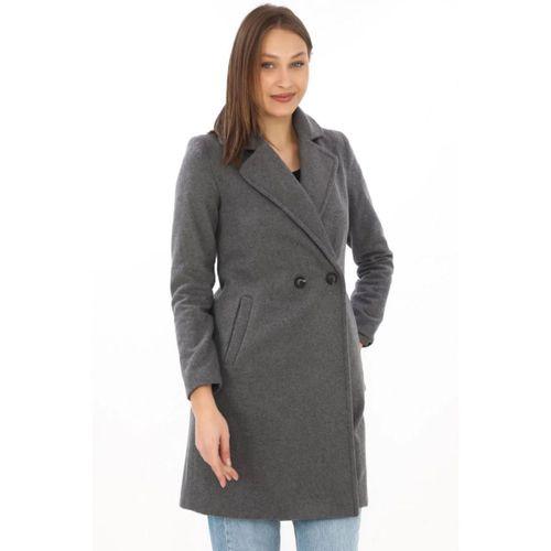 Kaşe Kaban – Siyah Yünlü Dokuma, Kruvaze Yaka, Astarlı, Cepli, Kuşaklı Uzun Boy Tesettür Uyumlu Kışlık Şık Kaban - Füme